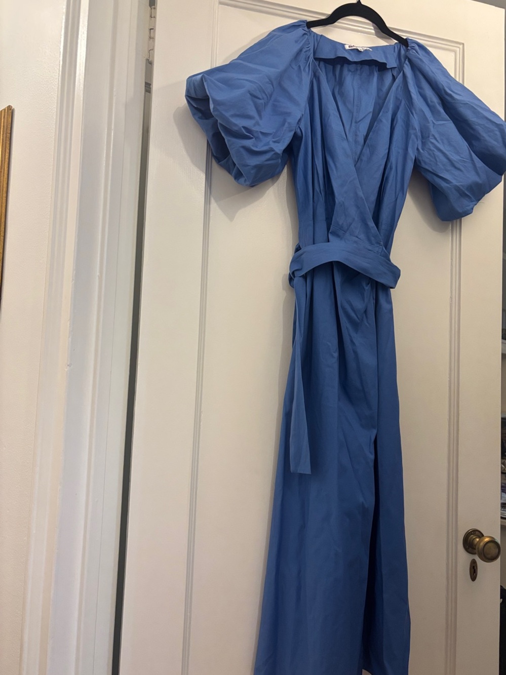 NWOT Reformation’s Olea Dress Cornflower Blue Puff-Sleeve Wrap Dress